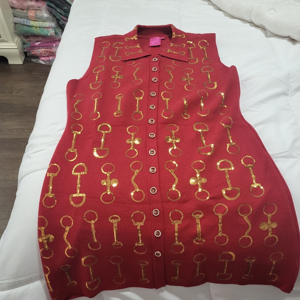 Queen Of Sparkles Red Gold-Print Button-Front Knit Dress